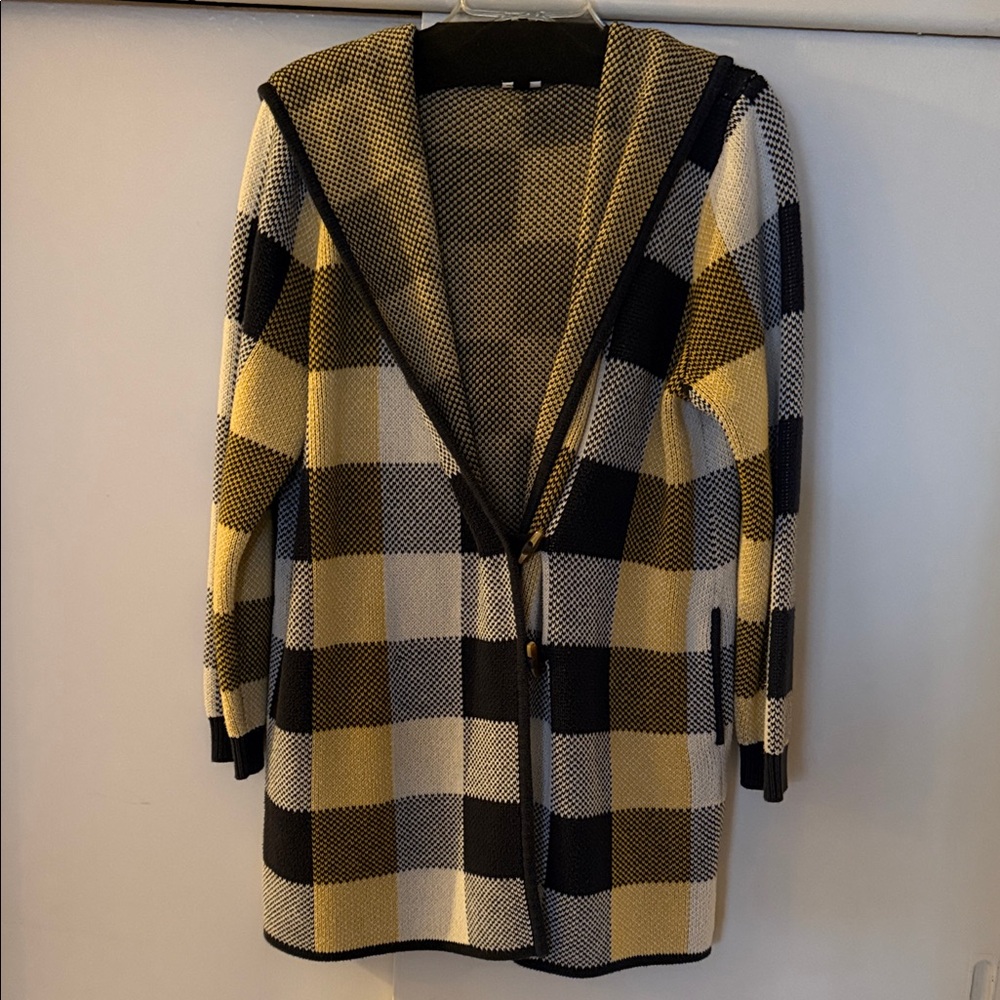 CAbi Plaid Hooded Cardigan - Black, Cream, Tan
